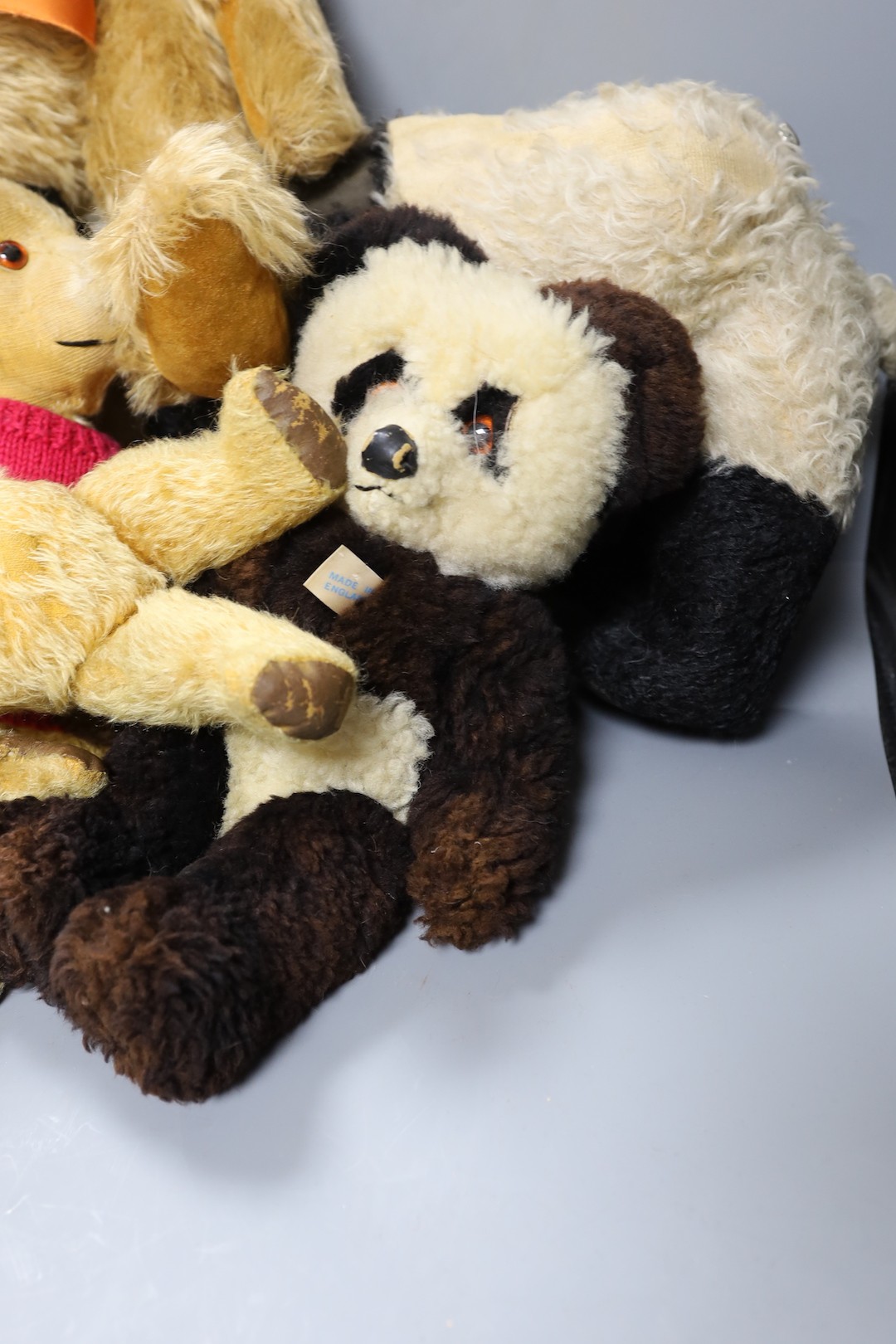 Two British teddy Bears, two Steiff Bears, one Panda Nightdress case and modern Herman limited edition